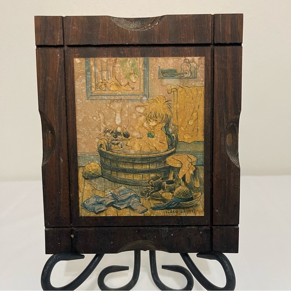 Vintage Liddle Gregor Wood Bathroom Plaque Boy & Dog Art